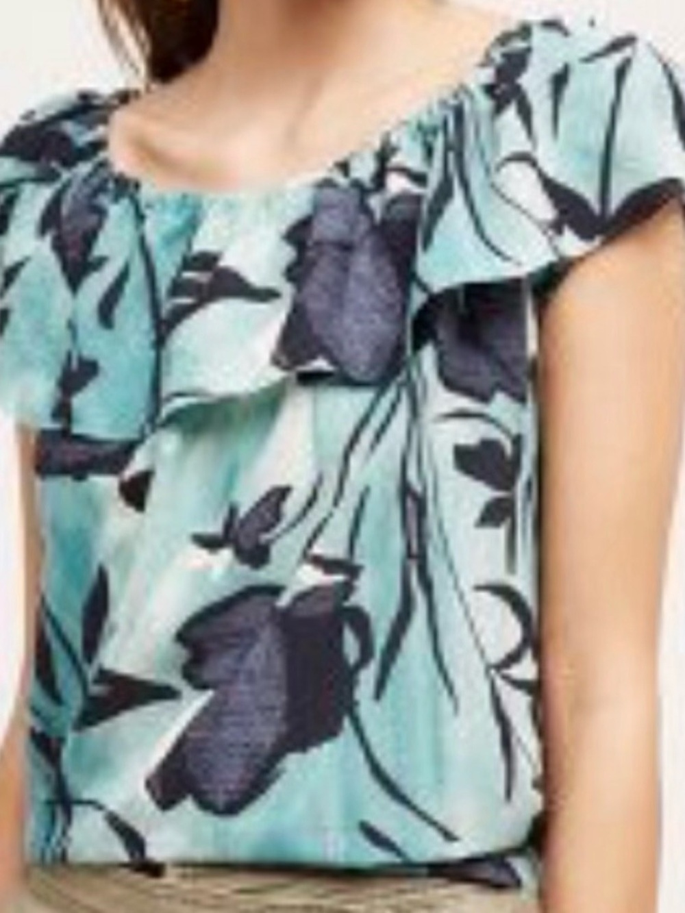 Anthropologie Maeve Off-Shoulder Ruffle Floral Top - Teal & Navy SP Small Petite